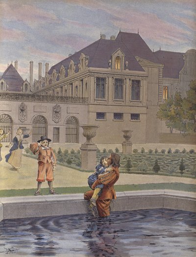 Queda do jovem Luís XIV na piscina do Palais Royal de Maurice Leloir