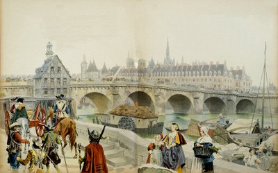História da França: Exilado no castelo de Blois pelo seu filho Luís XIII, Marie de Medicis (1575-1642) e a sua suite deixou Paris em 1617. Ilustração de Maurice Leloir (1853-1940) em "Richelieu". de Maurice Leloir