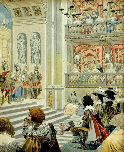 História da França: Representação no teatro do palácio cardeal (hoje palácio real) da peça "Mirame", uma comédia heróica escrita em 1641 pelo Cardeal Richelieu (Armand Jean du Plessis de Maurice Leloir