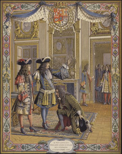 Rei Luís XIV, Duc dAnjou, proclamado rei da Espanha, recebendo a homenagem de seu embaixador de Maurice Leloir