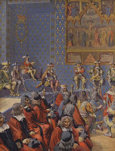 Rei Louis XIV sentado em botas no Parlamento de Maurice Leloir