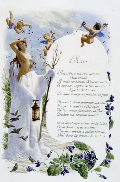 Março "La Chanson du mois" de Jérôme Doucet, ilustração - Maurice Leloir, ed. Reims 1904. L. Michaud de Maurice Leloir
