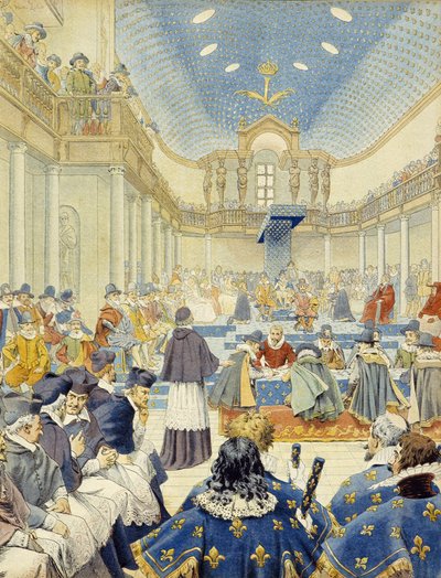 Richelieu proferiu o discurso, em nome do escrivão, na reunião de encerramento dos Estados Gerais de 1614 - em "Richelieu" de Maurice Leloir. de Maurice Leloir