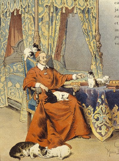 O Cardeal brinca com seus gatos que ele particularmente amava - em "Richelieu" de Maurice Leloir, deb. Século XX de Maurice Leloir