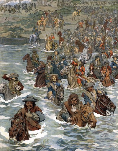A Passagem do Reno (12 de Junho de 1672) pelas tropas de Luís XIV conhecidas como o Rei Sol (Rei Sol ou Luís o Grande de Maurice Leloir