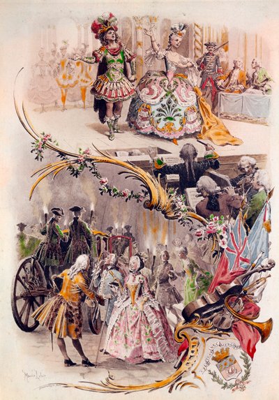 Menu de casamento com ilustração de Maurice Leloir (1851-1940) de bailes em trajes e cenas de galantes, 6/04/1900 de Maurice Leloir
