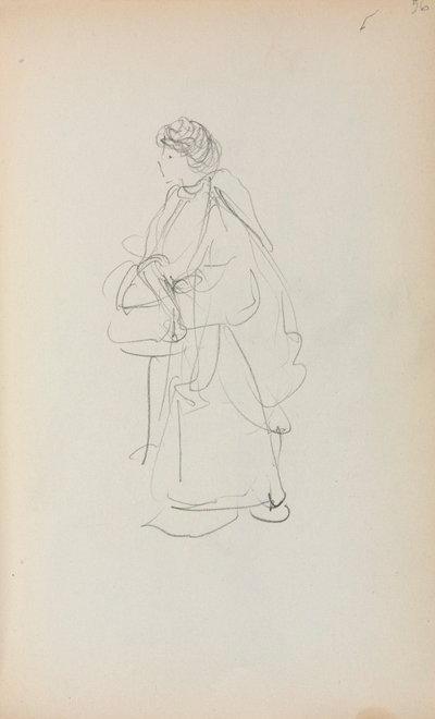 Caderno de esboços italiano: Mulher de pé segurando uma mochila (página 56) de Maurice Prendergast