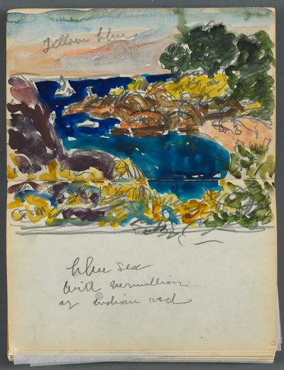 Livro de esboços - The Granite Shore Hotel, Rockport, páginas 024 e 25: Vista do porto com anotações a cores de Maurice Prendergast