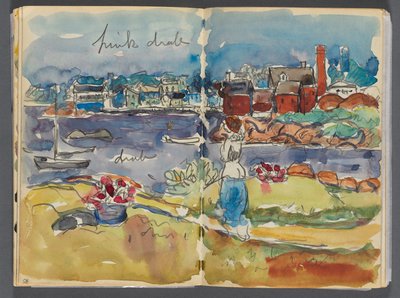 Livro de esboços - The Granite Shore Hotel, Rockport, páginas 084 e 85: Vista do porto com anotações a cores de Maurice Prendergast