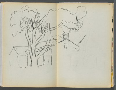 Sketchbook- The Granite Shore Hotel, Rockport, páginas 106 e 107: Árvore com casas de Maurice Prendergast