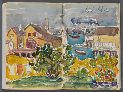 Sketchbook- The Granite Shore Hotel, Rockport, páginas 128 e 129: Casas no porto de Maurice Prendergast