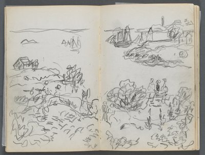 Sketchbook, The Dells, N° 127, página 042  43: Enseada com barcos e figuras de Maurice Prendergast