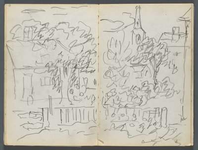 Sketchbook, The Dells, N° 127, página 084  85: Paisagem com casas e pináculo de Maurice Prendergast