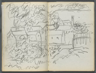 Sketchbook, The Dells, N° 127, página 096  97: Paisagem com casas de Maurice Prendergast