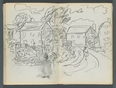 Sketchbook, The Dells, N° 127, página 102  103: Paisagem com casas e estrada de Maurice Prendergast