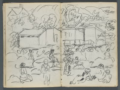 Sketchbook, The Dells, N° 127, página 114  115: Paisagem com figuras e edifícios de Maurice Prendergast