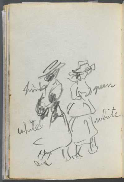 Sketchbook, The Dells, N° 127, página 144: Duas figuras a caminhar com anotações a cores de Maurice Prendergast