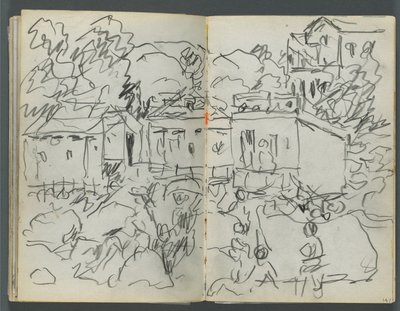 Sketchbook, The Dells, N° 127, página 146  147: Paisagem com figuras e edifícios de Maurice Prendergast