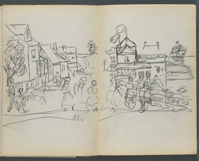 Sketchbook, The Dells, N° 127, página 174 e 175: Aldeia com casas e estrada de Maurice Prendergast