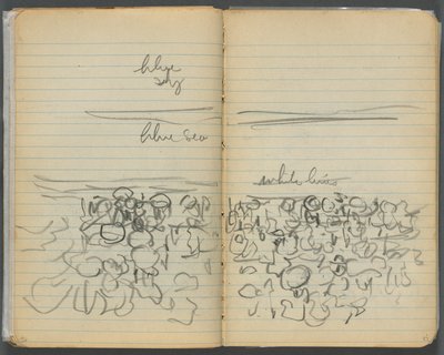 Sketchbook, página 046 e 47: Vista da praia com anotações a cores de Maurice Prendergast