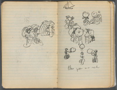 Sketchbook, página 110 111: Estudo para figuras numa praia de Maurice Prendergast