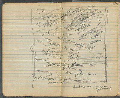 Caderno de esboços, páginas 152 e 153: Vista do mar com anotações a cores de Maurice Prendergast