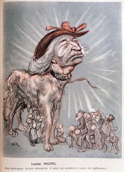 Desenho animado de Louise Michel como um cão "criar Newfoundland (Terra Nova), sem recompensa, passou a sua existência a salvar os infelizes". de Maurice Radiguet