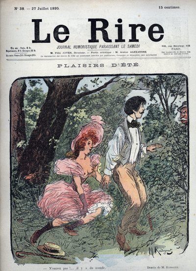 Summer Plaisirs - Dois amantes são surpreendidos numa floresta por um transeunte - Lustração de Maurice Radiguet (1866-1941) para a revista francesa "Le Rire" número 38 de 1895 de Maurice Radiguet