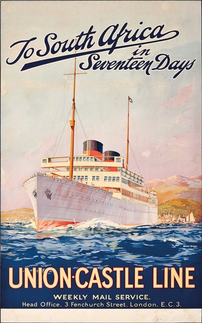 Para a África do Sul em dezessete dias; um pôster publicitário da Union Castle Line, de Maurice Randall