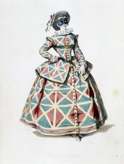 Fato e máscara de Arlequim em 1855, personagem feminina de Arlequim na commedia dell