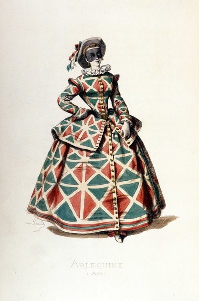 Fato e máscara de Arlequim em 1855, personagem feminina de Arlequim na commedia dell