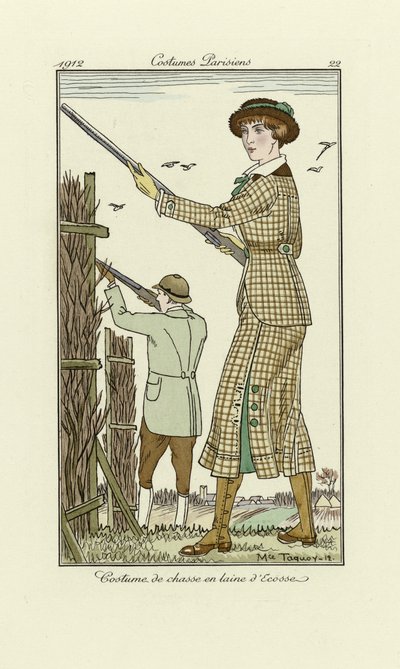 Design para Ladies Tweed Shooting Outfit, de Costumes Parisien, pub.1912 (pochoir print) de Maurice Taquoy