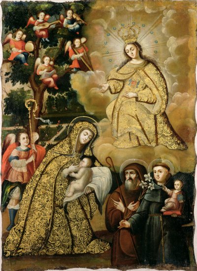 Visão da Virgem como Nossa Senhora da Misericórdia com Três Santos, meados do século XVIII de Mauricio school of Garcia