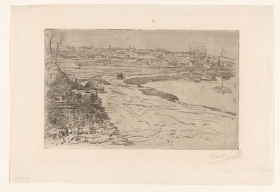 Paisagem com casas e água com veleiros ancorados de Maurits van der Valk (signed by artist)