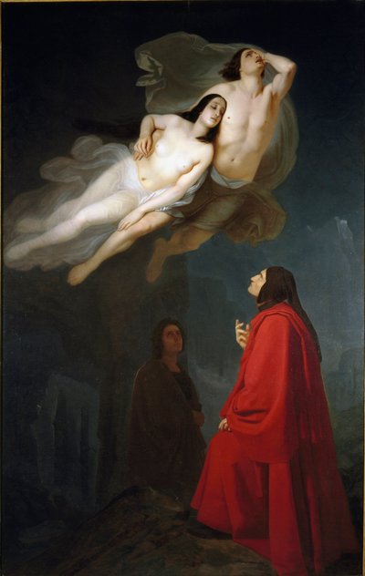 Dante e Virgílio encontram Francesca da Rimini e seu cunhado Paolo Malatesta, culpado de adultério, no círculo da luxúria no submundo.” de Maurizio Frascheri