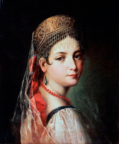 Retrato de uma jovem em Sarafan e Kokoshnik, na década de 1820. de Mauro Gandolfi