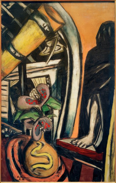 Estúdio (Noite). Natureza Morta com Telescópio e Figura Velada de Max Beckmann