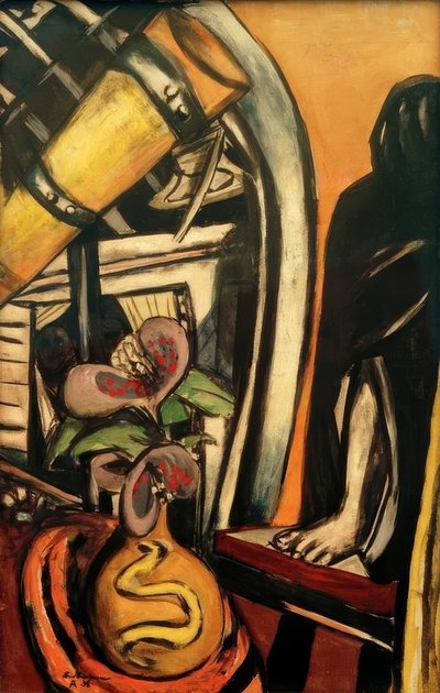Estúdio (Noite). Natureza Morta com Telescópio e Figura Velada de Max Beckmann