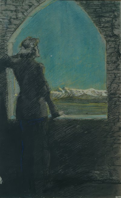 Jovem com uma coroa de flores, olhando para a distância de uma parede velha. de Max Beckmann