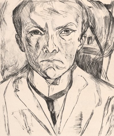Autorretrato frontal com frontão de uma casa ao fundo de Max Beckmann
