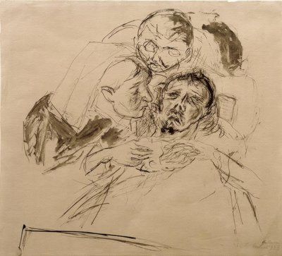 Enfermeiro e figura masculina dobrando-se sobre uma pessoa doente de Max Beckmann