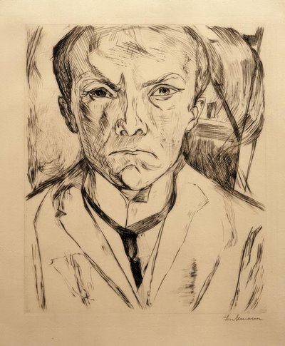 Auto-retrato da frente, empena da casa ao fundo de Max Beckmann