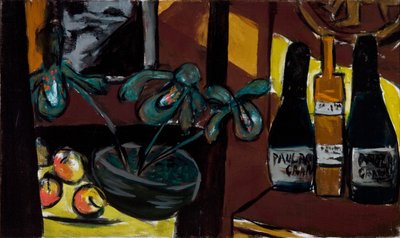 Natureza morta em castanho e amarelo (garrafas de champanhe e orquídeas) de Max Beckmann