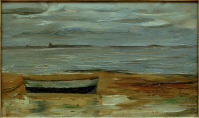 Praia com barcaça cinzenta e mar cinzento de Max Beckmann