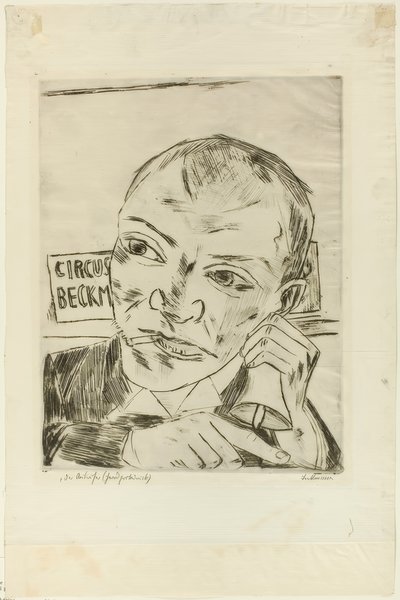 O Barker (Auto-retrato), placa um de Der Jahrmarkt de Max Beckmann