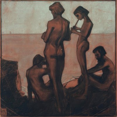 Vier junge Männer am Meer (Quatro jovens à beira-mar - Quatro figuras masculinas à beira-mar) de Max Beckmann