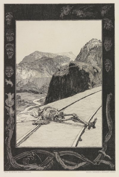 Nas Trilhas, placa 8 do portfólio Da Morte, Parte I, Opus XI, 1897. de Max Klinger