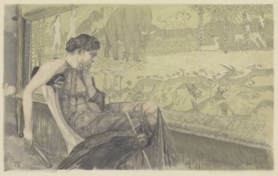 Penélope, perdida em pensamentos, olha para seu tear de Max Klinger