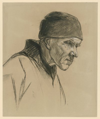 Homem idoso com boné (retrato de busto, perfil para a direita), estudo para: Camponês a caminhar (1894) de Max Liebermann