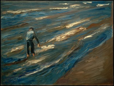 Pescador de mexilhão na praia - lago azul de Max Liebermann